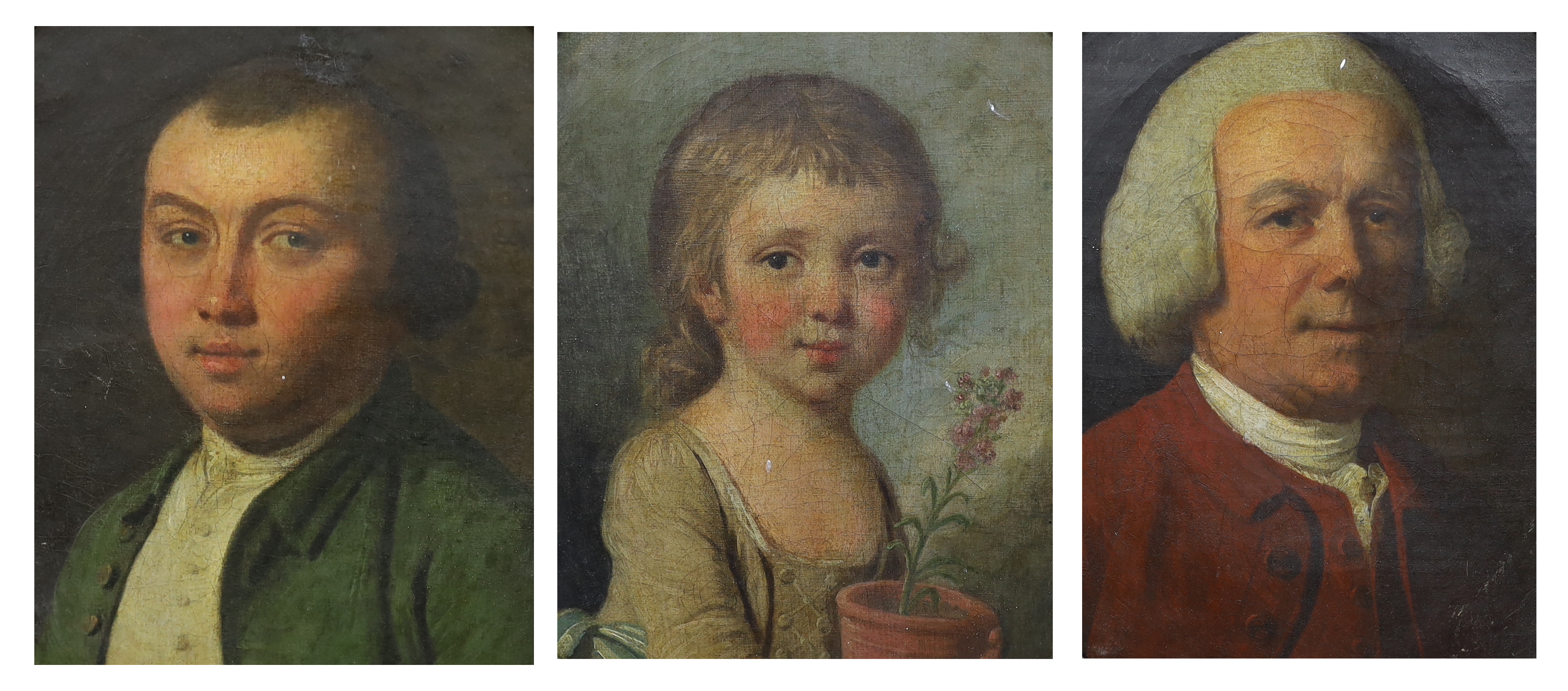 English School c.1770, Portraits of members of the Burgoyne family, oils on canvas (3), largest 31 x 25cm